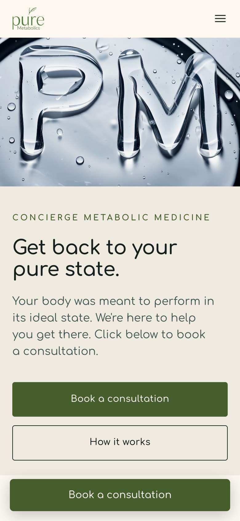 Pure Metabolics website on mobile